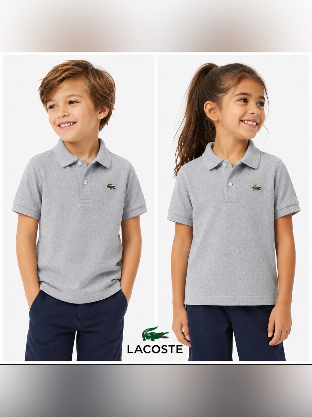 Lacoste Kids Polo Shirt 5 110cm Gray Cotton Crocodile Logo Short Sleeve Preppy